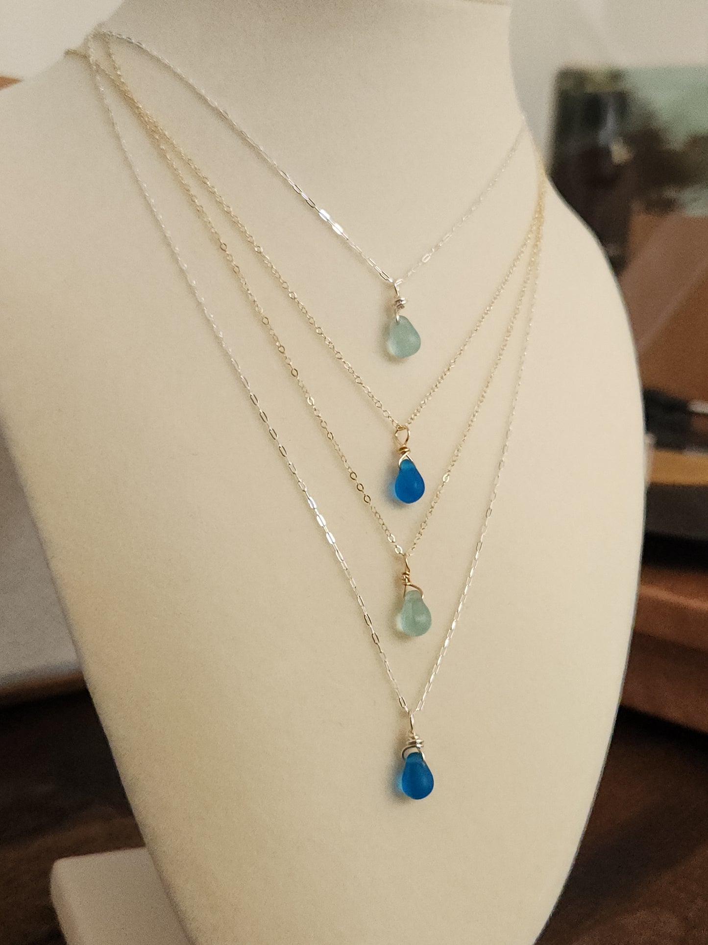 Dark blue Destin sea glass pendant necklace handcrafted with 14k gold-filled wire