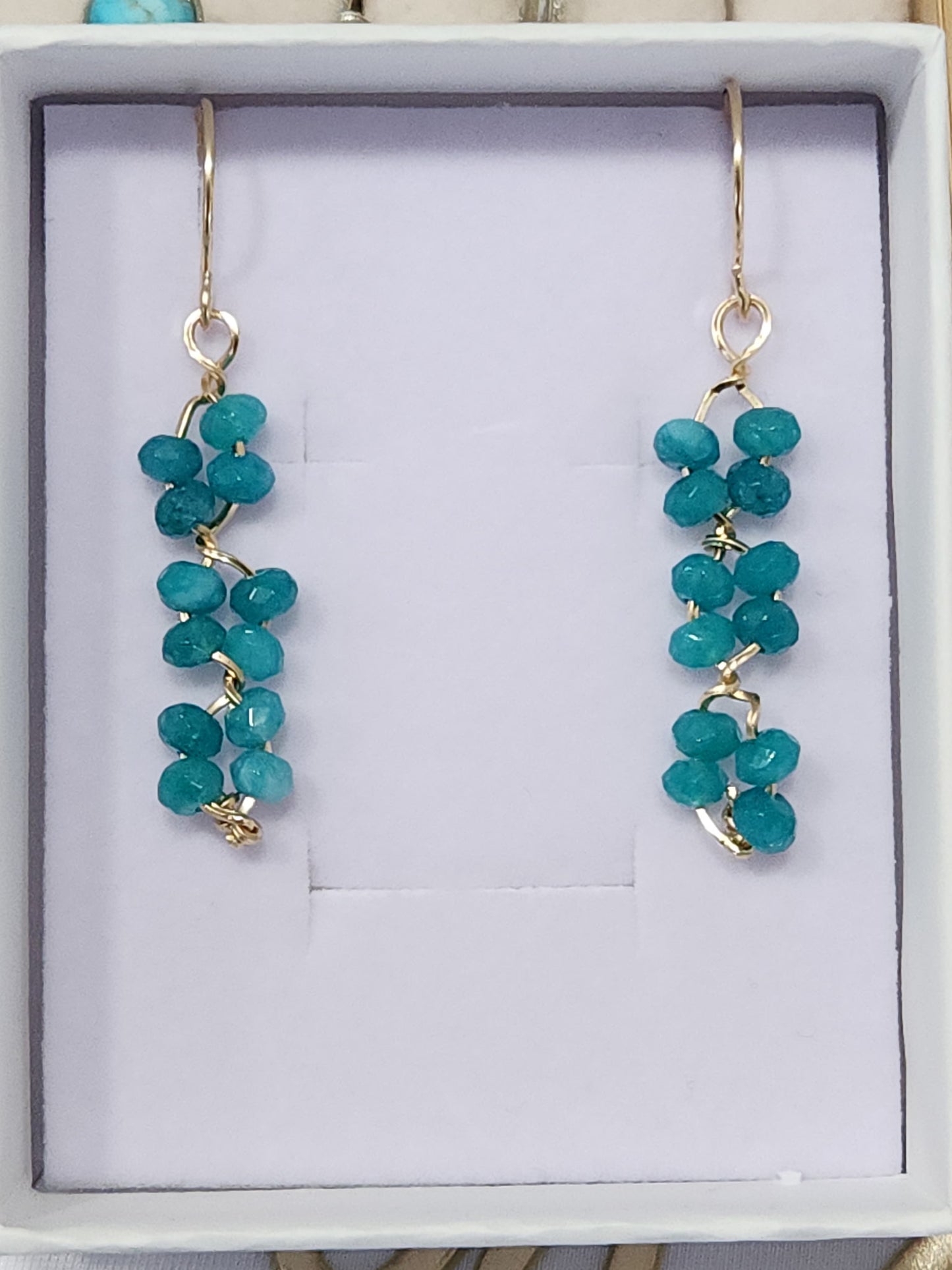 Amazonite gemstone earrings handcrafted with 14k gold-filled wire for permanent jewelry in Destin, Florida