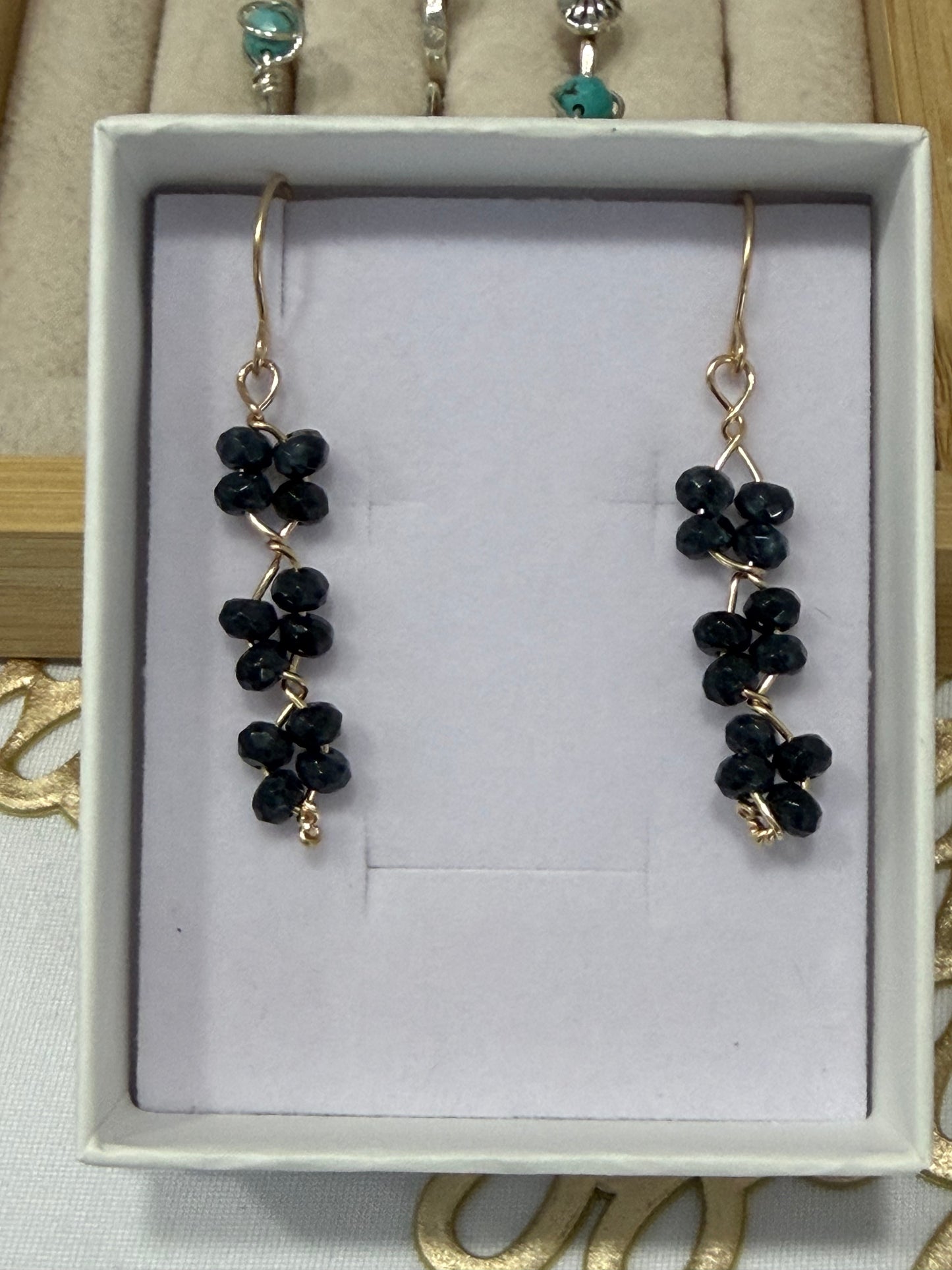 Black quartz gemstone earrings handcrafted with 14k gold-filled wire for permanent jewelry in Destin, Florida